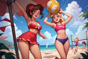 score_9, score_8_up, score_7_up, score_6_up, mabel pines, summer dress, flower on head, on the beach, standing, greeting viewer, looking at viewer, playing volleyball, a group is playing on the background by the volleyball net, BREAK, pacifica northwest, blonde hair, using a swimsuit, jumping to hit a volleyball