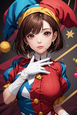 pomni,brown hair,jester hat,clown hat,symbol-shaped eyes,short hair,thighhighs,puffy sleeves,short sleeves,gloves, asymmetrical gloves, big eyes,girl,solo,circus background, bright colors, vibrant colors, sharp look, masterpiece, new, ai generated, better hands, perfect lighting, ultra detailed, perfect_anatomy, detailed eyes, detailed clothes, facing viewer, nervous look