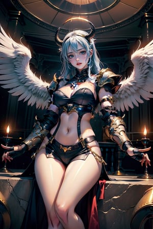 triumphant demon girl, roccoco irridescent fallen demon, cute young angel girl, reah, long blue hair, black large wings, paradise, angel beaty, beatiful, 8k, oktavian render, high quality, masterpiece, dynamic pose, hot girl, praising, dark background, nimb, cinemathic scene, shiny, an angel wearing gold, red and silver crystal armor, heaven background, glowing halo around head, white feathered wings, centered key visual highly detailed breathtaking beauty precise lineart vibrant comprehensive cinematic, dynamic pose, best quality, 8k, golden hour,angel_wings,demonhorns,Demon,demon girl,SMTAngel,angel,KOFAngel