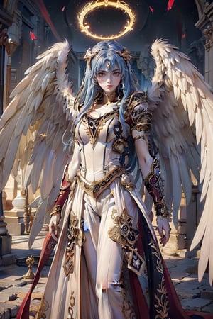 triumphant angel girl, roccoco irridescent fallen angel, cute young angel girl, reah, long blue hair, red large wings, paradise, angel beaty, beatiful, 8k, oktavian render, high quality, masterpiece, dynamic pose, hot girl, praising, dark background, nimb, cinemathic scene, shiny, an angel wearing gold, red and silver crystal armor, heaven background, glowing halo around head, white feathered wings, centered key visual highly detailed breathtaking beauty precise lineart vibrant comprehensive cinematic, dynamic pose, best quality, 8k, golden hour,angel_wings
