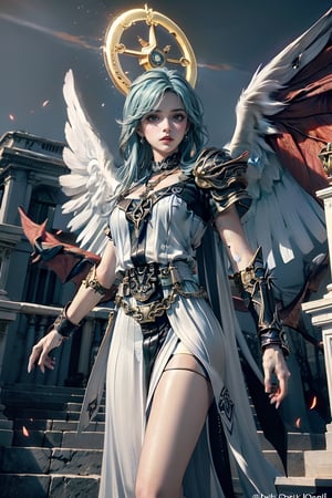 triumphant demon girl, roccoco irridescent fallen demon, cute young angel girl, reah, long blue hair, black large wings, paradise, angel beaty, beatiful, 8k, oktavian render, high quality, masterpiece, dynamic pose, hot girl, praising, dark background, nimb, cinemathic scene, shiny, an angel wearing gold, red and silver crystal armor, heaven background, glowing halo around head, white feathered wings, centered key visual highly detailed breathtaking beauty precise lineart vibrant comprehensive cinematic, dynamic pose, best quality, 8k, golden hour,angel_wings,demonhorns,Demon,demon girl,SMTAngel