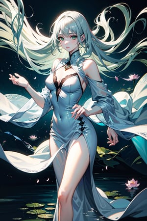 (magnificent masterpiece),best quality,ultra-detailed,extremely realistic, stunning and mysterious lady of the lake, floating in the crystal clear water, surrounded by mist and delicate lotus flowers, long hair flowing in the gentle breeze, (1 beautiful woman), (green eyes, silver hair: 1.3), ethereal white dress, water dripping from white hands, mystical light, subtle refraction, tranquil atmosphere, watercolor painting