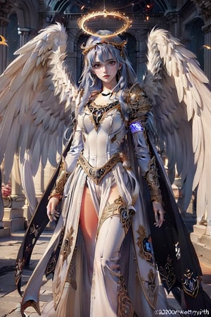 triumphant angel girl, roccoco irridescent fallen angel, cute young angel girl, reah, long blue hair, white large wings, paradise, angel beaty, beatiful, 8k, oktavian render, high quality, masterpiece, dynamic pose, hot girl, praising, dark background, nimb, cinemathic scene, shiny, an angel wearing gold and silver crystal armor, heaven background, glowing halo around head, white feathered wings, centered key visual highly detailed breathtaking beauty precise lineart vibrant comprehensive cinematic, dynamic pose, best quality, 8k, golden hour,angel_wings