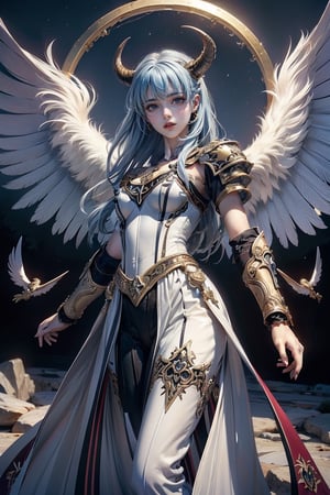 triumphant demon girl, roccoco irridescent fallen demon, cute young angel girl, reah, long blue hair, black large wings, paradise, angel beaty, beatiful, 8k, oktavian render, high quality, masterpiece, dynamic pose, hot girl, praising, dark background, nimb, cinemathic scene, shiny, an angel wearing gold, red and silver crystal armor, heaven background, glowing halo around head, white feathered wings, centered key visual highly detailed breathtaking beauty precise lineart vibrant comprehensive cinematic, dynamic pose, best quality, 8k, golden hour,angel_wings,demonhorns,Demon,demon girl