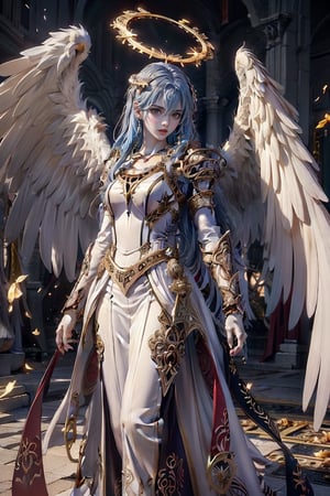 triumphant demon girl, roccoco irridescent fallen demon, cute young angel girl, reah, long blue hair, black large wings, paradise, angel beaty, beatiful, 8k, oktavian render, high quality, masterpiece, dynamic pose, hot girl, praising, dark background, nimb, cinemathic scene, shiny, an angel wearing gold, red and silver crystal armor, heaven background, glowing halo around head, white feathered wings, centered key visual highly detailed breathtaking beauty precise lineart vibrant comprehensive cinematic, dynamic pose, best quality, 8k, golden hour,angel_wings