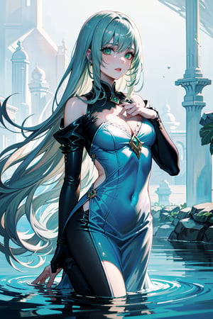 (magnificent masterpiece),best quality,ultra-detailed,extremely realistic, stunning and mysterious lady of the lake, floating in the crystal clear water, surrounded by mist and delicate lotus flowers, long hair flowing in the gentle breeze, (1 beautiful woman), (green eyes, silver hair: 1.3), ethereal white dress, water dripping from white hands, mystical light, subtle refraction, tranquil atmosphere, watercolor painting