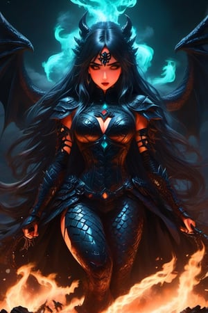 {{A ((mesmerizing and terrifying)) depiction of {((a beautiful demoness, the undisputed Queen of Hell))}} with {((crimson eyes glowing with sinister allure, long ebony hair shimmering like liquid night, and flawless molten gold skin))}. She is {((clad in armor fashioned from dragon scales and infernal metals, exuding absolute power and dominion))}. This is a {((dark fantasy))}-inspired image that showcases {((her regal and fearsome presence as she sits on her throne))}. The environment/background should be {((the infernal depths of Hell, with rivers of molten lava carving through jagged obsidian landscapes))} to create an {((intense and oppressive atmosphere))}. The image should be in the style of a {((digital painting))}, incorporating elements of {((gothic art and epic fantasy illustration))}. The {((long shot))} captured with a {((wide angle))} lens will provide a {((grand and imposing perspective))}. The lighting should be {((dramatic and high contrast))}, emphasizing {((the glow of her skin and the embers of the damned souls on her throne))}. The desired level of detail is {((very high))} with a {((4K))} resolution, highlighting {((the intricate details of her armor, throne, and the hellish landscape))}. The goal is to create a {((captivating and powerful))} image that mesmerizes viewers with its {((dark beauty and overwhelming presence))}.