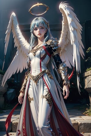 triumphant demon girl, roccoco irridescent fallen demon, cute young angel girl, reah, long blue hair, black large wings, paradise, angel beaty, beatiful, 8k, oktavian render, high quality, masterpiece, dynamic pose, hot girl, praising, dark background, nimb, cinemathic scene, shiny, an angel wearing gold, red and silver crystal armor, heaven background, glowing halo around head, white feathered wings, centered key visual highly detailed breathtaking beauty precise lineart vibrant comprehensive cinematic, dynamic pose, best quality, 8k, golden hour,angel_wings,demonhorns,Demon,demon girl