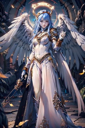 triumphant angel girl, roccoco irridescent fallen angel, cute young angel girl, reah, long blue hair, black large wings, paradise, angel beaty, beatiful, 8k, oktavian render, high quality, masterpiece, dynamic pose, hot girl, praising, dark background, nimb, cinemathic scene, shiny, an angel wearing gold, red and silver crystal armor, heaven background, glowing halo around head, white feathered wings, centered key visual highly detailed breathtaking beauty precise lineart vibrant comprehensive cinematic, dynamic pose, best quality, 8k, golden hour,angel_wings