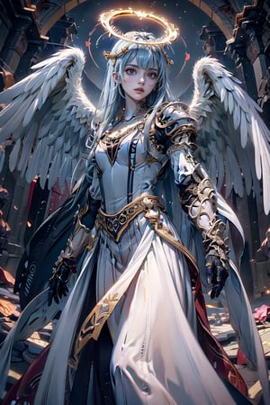 triumphant angel girl, roccoco irridescent fallen angel, cute young angel girl, reah, long blue hair, black large wings, paradise, angel beaty, beatiful, 8k, oktavian render, high quality, masterpiece, dynamic pose, hot girl, praising, dark background, nimb, cinemathic scene, shiny, an angel wearing gold, red and silver crystal armor, heaven background, glowing halo around head, white feathered wings, centered key visual highly detailed breathtaking beauty precise lineart vibrant comprehensive cinematic, dynamic pose, best quality, 8k, golden hour,angel_wings