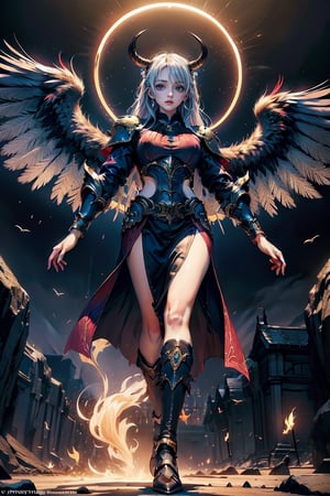 triumphant demon girl, roccoco irridescent fallen demon, cute young angel girl, reah, long blue hair, black large wings, paradise, angel beaty, beatiful, 8k, oktavian render, high quality, masterpiece, dynamic pose, hot girl, praising, dark background, nimb, cinemathic scene, shiny, an angel wearing gold, red and silver crystal armor, heaven background, glowing halo around head, white feathered wings, centered key visual highly detailed breathtaking beauty precise lineart vibrant comprehensive cinematic, dynamic pose, best quality, 8k, golden hour,angel_wings,demonhorns,Demon,demon girl,SMTAngel,angel,KOFAngel