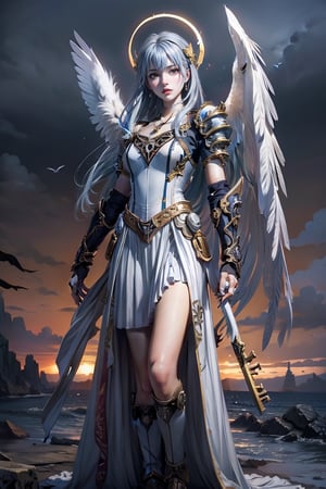 triumphant demon girl, roccoco irridescent fallen demon, cute young angel girl, reah, long blue hair, black large wings, paradise, angel beaty, beatiful, 8k, oktavian render, high quality, masterpiece, dynamic pose, hot girl, praising, dark background, nimb, cinemathic scene, shiny, an angel wearing gold, red and silver crystal armor, heaven background, glowing halo around head, white feathered wings, centered key visual highly detailed breathtaking beauty precise lineart vibrant comprehensive cinematic, dynamic pose, best quality, 8k, golden hour,angel_wings,demonhorns,Demon,demon girl