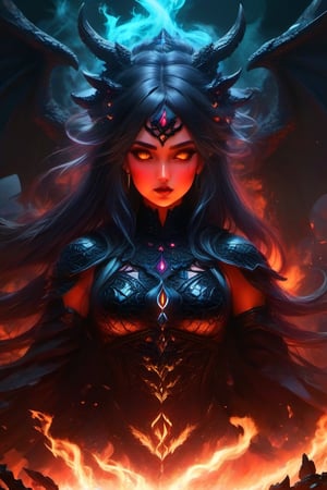 {{A ((mesmerizing and terrifying)) depiction of {((a beautiful demoness, the undisputed Queen of Hell))}} with {((crimson eyes glowing with sinister allure, long ebony hair shimmering like liquid night, and flawless molten gold skin))}. She is {((clad in armor fashioned from dragon scales and infernal metals, exuding absolute power and dominion))}. This is a {((dark fantasy))}-inspired image that showcases {((her regal and fearsome presence as she sits on her throne))}. The environment/background should be {((the infernal depths of Hell, with rivers of molten lava carving through jagged obsidian landscapes))} to create an {((intense and oppressive atmosphere))}. The image should be in the style of a {((digital painting))}, incorporating elements of {((gothic art and epic fantasy illustration))}. The {((long shot))} captured with a {((wide angle))} lens will provide a {((grand and imposing perspective))}. The lighting should be {((dramatic and high contrast))}, emphasizing {((the glow of her skin and the embers of the damned souls on her throne))}. The desired level of detail is {((very high))} with a {((4K))} resolution, highlighting {((the intricate details of her armor, throne, and the hellish landscape))}. The goal is to create a {((captivating and powerful))} image that mesmerizes viewers with its {((dark beauty and overwhelming presence))}.
