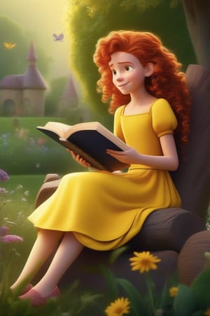 Anna, a 9-year-old girl with red curly hair and a yellow dress, she was sitting in the garden reading a book, Consistent Character, in the style of a Pixar fairy tale animation.