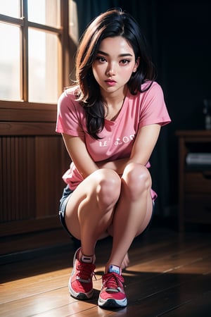 ((half body:1.4) ), kpop idol, beautiful Korean girl, pink t-shirt, beautiful detailed eyes, (medium length hair:1.3) , (small breasts:1.3) , (eyelashes:1.2) , (aegyo sal:1.2) , (8k, RAW photo, masterpiece) , High detail RAW color photo, a professional photo, (realistic, photorealism:1.4) , (photorealistic:1.4) , (highest quality) , (best shadow) , (best illustration) , ultra high resolution, highly detailed CG unified 8K wallpapers, physics-based rendering, cinematic lighting, photo, realistic, realism, high contrast, photorealistic digital art trending on Artstation, 8k HD high definition detailed realistic, detailed, skin texture, hyper-detailed, realistic skin texture, best quality, nikon, d850 film, stock photograph, kodak portra 400 camera f1. 6 lens, rich colors, hyper-realistic lifelike texture, dramatic lighting, unreal engine, trending on art station, cinestill 800 capture Full body