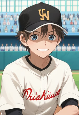 score_9, score_8_up, score_7_up, masterpiece, best quality, extremely detailed,highres,detailed beautiful face and eyes, male focus,solo
BREAK,kosuke,brown hair, smile,baseball uniform,blue eyes,