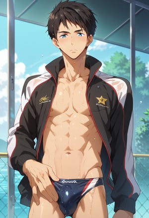 ,score_9, score_8_up, score_7_up, masterpiece, best quality, extremely detailed,highres,detailed beautiful face and eyes, male focus,solo
BREAK,sousuke_yamazaki, black hair, blue eyes, short hair
BREAK,black track jacket,
BREAK,male swimwear,swim briefs,speedo
BREAK,wet_clothes
