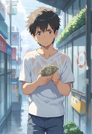 score_9, score_8_up, score_7_up, masterpiece, best quality, extremely detailed,highres,detailed beautiful face and eyes, male focus,solo,
BREAK,(hodaka,male, 15 years old,black hair, brown eyes),
BREAK, pants, shirt,wet_clothing,
BREAK,grab money,
BREAK,troubled eyebrows
BREAK,outdoor, tokyo, rain,