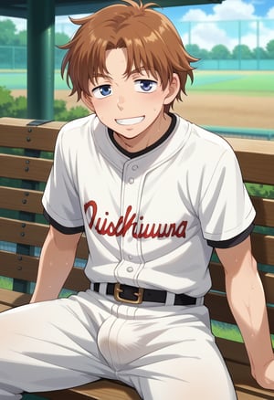 score_9, score_8_up, score_7_up, masterpiece, best quality, extremely detailed,highres,detailed beautiful face and eyes, male focus,solo
BREAK,fumiki,brown hair,blue eyes,male
BREAK,baseball uniform,sweat_drops,excessive swet,
BREAK,smile,happy,
BREAK,sitting on bench,legs_spread,leaning back
BREAK,bulge,