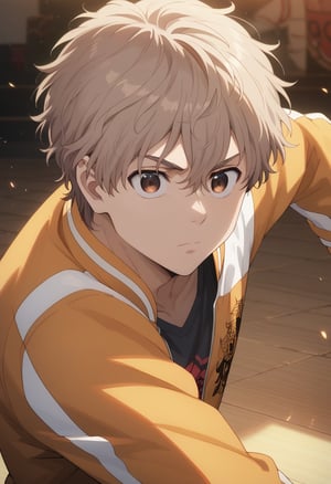 score_9, score_8_up, score_7_up, masterpiece, best quality, extremely detailed,highres,detailed beautiful face and eyes, male focus,solo
BREAK,choji tomiyama, beige hair,brown empty eyes
BREAK,fighting pose,