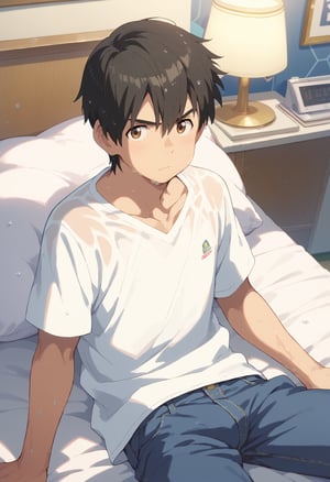 score_9, score_8_up, score_7_up, masterpiece, best quality, extremely detailed,highres,detailed beautiful face and eyes, male focus,solo,
BREAK,(hodaka,male, 15 years old,black hair, brown eyes),
BREAK, pants, shirt,wet_clothing,
BREAK,laying_down,on bed,looking at viewer,
BREAK,troubled eyebrows
BREAK,lovehotel, bed, indoors, lamp, pillow, bedroom,