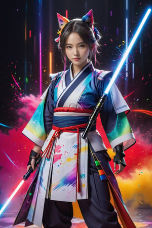 muelsyse (arknights),1girl, solo,hanfu,chinese clothes,splatter background, (rainbow color lightsaber), best quality, amazing quality, very aesthetic, absurdres,