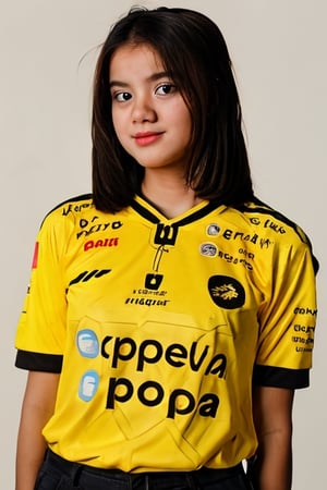 portrait of a beautiful 18 year old girl, wearing a yellow jersey, white background, picture taken using a 150 mm Canon lens