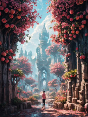 In a wondrously gleaming futuristic realm composed entirely of ripe peaches, a towering palace made of glistening peach flesh and pitted stone stands as the focal point of the image. The palace's walls are adorned with intricate carvings of peach vines and blossoms, while peach juice flows like streams through the city streets. This vivid and surreal painting captures the ethereal beauty of a world where nature and architecture are seamlessly intertwined, every detail rendered with unparalleled precision and depth, making viewers feel as if they could reach out and touch the succulent fruit structures.