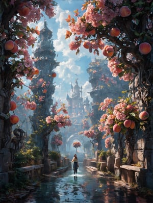 In a wondrously gleaming futuristic realm composed entirely of ripe peaches, a towering palace made of glistening peach flesh and pitted stone stands as the focal point of the image. The palace's walls are adorned with intricate carvings of peach vines and blossoms, while peach juice flows like streams through the city streets. This vivid and surreal painting captures the ethereal beauty of a world where nature and architecture are seamlessly intertwined, every detail rendered with unparalleled precision and depth, making viewers feel as if they could reach out and touch the succulent fruit structures.