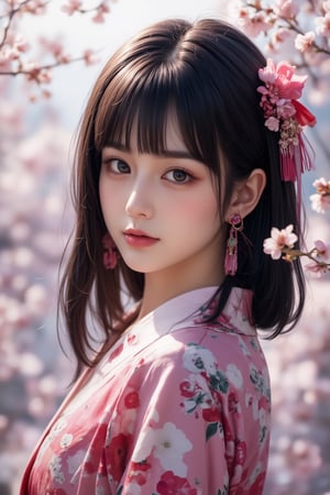 1girl, solo, looking at viewer, smile, bangs, black hair, hair ornament, red eyes, bow, jewelry, closed mouth, upper body, flower, earrings, outdoors, japanese clothes, pink eyes, kimono, blurry, tree, lips, parted bangs, eyelashes, makeup, depth of field, blurry background, floral print, cherry blossoms, tassel, hair rings, nose, branch