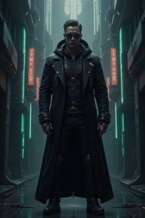 A mysterious man in black, wearing a long black leather coat and dark sunglasses, in the style of a Matrix-like hacker. His coat billows as he moves, and his face remains expressionless behind the sleek sunglasses. The background is filled with a digital matrix, lines of green code running across the scene, along with glowing neon signs and a shadowy, futuristic cityscape in the distance.,FuturEvoLabArmor