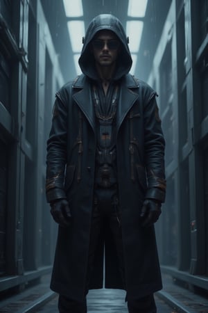 A man wearing sleek black sunglasses and a long, flowing black leather trench coat, reminiscent of characters from The Matrix. He stands confidently with a stoic expression, exuding a sense of mystery and power. His outfit is detailed with futuristic touches, such as subtle metallic accents and cybernetic enhancements. The background is a dark, dystopian city with neon lights, towering skyscrapers, and digital rain falling, evoking a cyberpunk atmosphere.,FuturEvoLabGirl,multiple women,FuturEvoLabScene