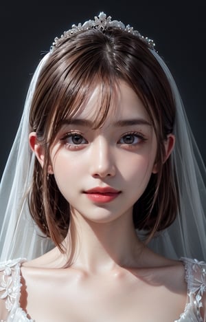craft a hyper realistic vertical photo of most attractive serious woman in her 30s in Elegant Futuristic Wedding dress, trending on artstation, portrait, digital art, modern, sleek, highly detailed, formal, serious, determined, CEO, colorized, smooth, charming, pretty, soft smile, soft lips, black eyes, Trendsetter wolf cut brown hair, Lucy Watson,