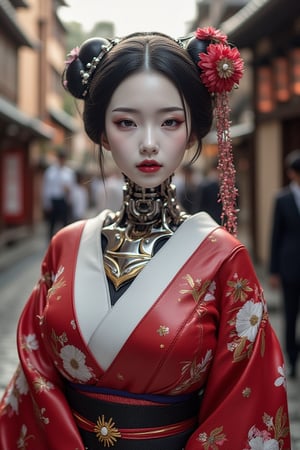 A highly detailed cyborg geisha with a glossy white plastic face and body. Her design merges human beauty with advanced robotics, including metallic limbs, a cyborg neck, and exposed circuitry. She wears a red kimono adorned with a floral pattern and a black and gold Obi. The setting is a cyberpunk Gion in Kyoto city, highlighting the fusion of traditional Japanese aesthetics with cutting-edge technology.