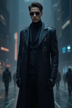 A man wearing sleek black sunglasses and a long, flowing black leather trench coat, reminiscent of characters from The Matrix. He stands confidently with a stoic expression, exuding a sense of mystery and power. His outfit is detailed with futuristic touches, such as subtle metallic accents and cybernetic enhancements. The background is a dark, dystopian city with neon lights, towering skyscrapers, and digital rain falling, evoking a cyberpunk atmosphere.,FuturEvoLabGirl,multiple women