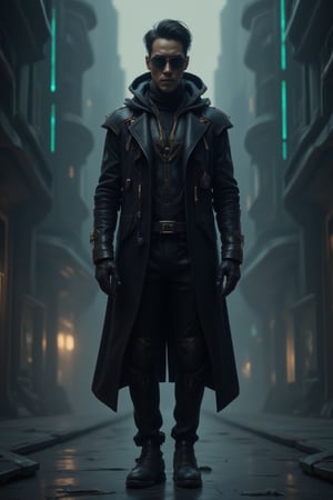 A mysterious man in black, wearing a long black leather coat and dark sunglasses, in the style of a Matrix-like hacker. His coat billows as he moves, and his face remains expressionless behind the sleek sunglasses. The background is filled with a digital matrix, lines of green code running across the scene, along with glowing neon signs and a shadowy, futuristic cityscape in the distance.,FuturEvoLabArmor