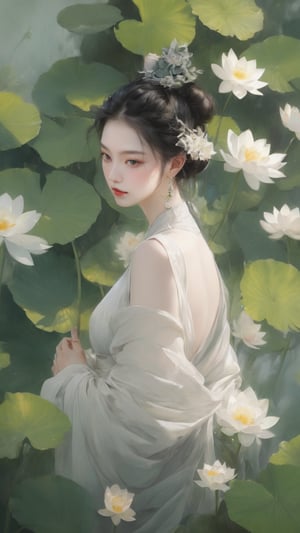 Create a highly detailed, ethereal illustration of an Asian woman standing amidst a lush lotus pond. She is dressed in a flowing, elegant white robe with delicate folds and drapery that complement the natural surroundings. Her hair is styled in an intricate updo adorned with silver and green jeweled hairpieces, adding a touch of regality. She wears delicate earrings that dangle gracefully. Her expression is calm and contemplative as she gently clasps her hands. The background is filled with large, vibrant green lotus leaves and blooming white lotus flowers, creating a tranquil and picturesque scene. Soft, diffused light filters through the leaves, enhancing the dreamlike atmosphere and highlighting the delicate features of the woman and the natural beauty around her. The overall composition evokes a sense of peace, natural elegance, and timeless grace,  8k, masterpiece, ultra-realistic, best quality, high resolution, high definition,

Chinese style, asian woman, wave, top quality, mystery, oil painting, crazy details, complex composition, strong colors, science fiction, transparency, dynamic lighting
Ink style, grayscale, pastels, mysterious atmosphere, delicate brushstrokes, frontal composition, wind and clouds,
Dynamic shots of flowing ink: Photorealistic masterpieces in 8k resolution: Aaron Hawkey and Jeremy Mann: Intricate fluid gouaches: Jean Bart tiste monger: Calligraphy: Cene: Colorful watercolor art, professional photography, volumetric light maximization photography: by marton bobzert: complexity, refinement, elegance, vastness, fantasy, dark composites, octane rendering, DonMASKTexXL, painted world in 8k resolution concept art, Fantasy Art, Oil Painting, Kabuki, Impressionist Painting