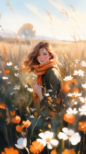 A serene, picturesque meadow bathed in the warm, golden light of a late afternoon sun, where a young woman with wavy, chestnut-brown hair is nestled among the tall grasses and blooming wildflowers. She wears a cozy, rust-colored scarf that adds a touch of warmth and autumnal charm to her outfit, contrasting beautifully with the delicate whites and vibrant oranges of the flowers surrounding her. Her gentle smile and soft, expressive eyes exude a sense of peace and contentment as she enjoys this tranquil moment in nature. The background features a distant, softly focused tree and a sky adorned with wispy clouds, enhancing the dreamy, idyllic atmosphere. This scene captures the essence of serene beauty and the simple joys of connecting with nature.