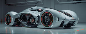 In a cutting-edge futuristic garage, a sleek, high-tech vehicle with glowing orange accents and intricate, exposed machinery takes center stage. The vehicle's streamlined design and advanced technology are highlighted by ambient lighting, casting a soft glow that accentuates every curve and detail. The scene exudes a sense of serene anticipation and cutting-edge innovation, capturing the essence of futuristic elegance and technological prowess.