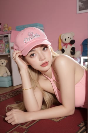 A young woman exudes a playful and trendy vibe as she lounges on the floor. She wears a pink halter top and a matching pink cap with an emblem. Her long blonde hair cascades over her shoulders. Her expression is thoughtful as she rests her head on her hand. The backdrop is a vibrant, pink-hued room filled with eclectic decorations, including neon lights and quirky plush toys. The atmosphere is fun and youthful, emphasizing her carefree and stylish personality.