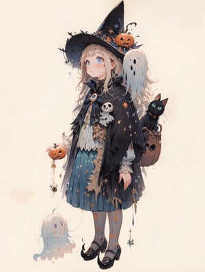 Utagawa Kuniyoshi style, A whimsical young witch with flowing, pale blonde hair stands with wide, curious eyes, dressed in a dark cloak adorned with cobwebs and a skull brooch. Her pointy hat, detailed with a tiny pumpkin and a wispy, ethereal ghost, adds to her enchanting appearance. She holds a small charm of a dangling spider in one hand, while her outfit—featuring a blue skirt with red diamond patterns—exudes a playful and magical vibe. A small, translucent ghost and a black cat peek from behind her, adding a mysterious, yet charming element. The soft color palette and intricate details create a sense of innocence, fantasy, and Halloween magic, use magic,Anime,hentai,Anime,watercolor \(medium\),Oil painting style,Fine art parody