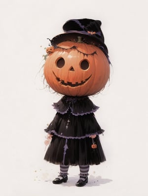 Utagawa Kuniyoshi style,A whimsical Halloween figure with a pumpkin head, carved into a charming jack-o’-lantern face featuring a friendly, welcoming smile. The character is dressed in an elegant, vintage-inspired witch costume, featuring a layered black dress with delicate silver trims along the edges. A small, pointed witch’s hat sits askew atop the pumpkin head, with subtle, wispy threads of hair peeking out, adding a playful touch to the otherwise spooky aesthetic. The outfit includes striped black-and-white tights and dainty black shoes, creating a harmonious blend of classic Halloween themes and a soft, fairy-tale-like charm. The entire look embodies a playful, endearing twist on the traditional witch, capturing the magic of Halloween in a lighthearted and nostalgic fashion, use magic,Anime,hentai,Anime,watercolor \(medium\),Oil painting style,Fine art parody