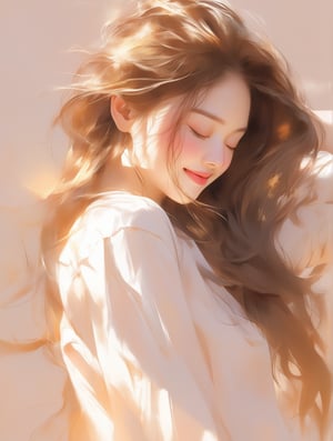 A young Asian woman with long, flowing hair stands against a soft, warm background, her eyes closed and a gentle, contented smile on her face. The sunlight bathes her in a golden glow, highlighting the delicate features of her face and the softness of her hair. She wears a light, airy blouse that complements the serene and blissful atmosphere. The overall scene exudes a sense of peace, joy, and tranquility, capturing a perfect moment of quiet happiness,  8k, masterpiece, ultra-realistic, best quality, high resolution, high definition.