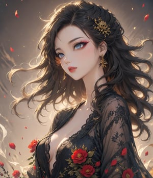 Masterpiece, 4K, ultra detailed, modern anime style, beautiful female singer with flawless makeup, beautiful detailed eyes and glossy lips, golden earring, wavy hair, sheer lace robe, romantic flower petals, windy, depth of field, SFW, more detail XL, punk art style,huayu