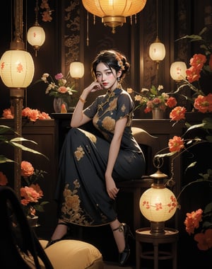 Create a highly detailed, realistic illustration of an elegant Asian woman seated in a richly decorated room. The room is illuminated by multiple ornate lanterns, casting a warm, golden glow. The woman is dressed in a traditional, elaborate floral-patterned modern cheongsam with intricate embroidery. Her hair is styled in an elaborate updo adorned with flowers and jewelry. She sits gracefully, her expression contemplative and serene. Surrounding her are various decorative elements, including vases with blooming flowers and traditional furniture, creating a luxurious and intimate atmosphere. The overall composition exudes sophistication, cultural richness, and a sense of timeless beauty, 8k, masterpiece, ultra-realistic, best quality, high resolution, high definition,fancy light