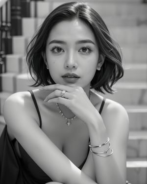 A captivating black-and-white portrait of a young woman with short, wavy hair, sitting thoughtfully on a staircase. She wears a simple, elegant spaghetti strap top, revealing her slender arms and delicate wrist adorned with a thin bracelet. Her expression is one of worry and sadness, with one hand resting on her chin and the other loosely placed on her arm. The background features the blurred, ascending steps, which add depth and texture to the image. This photograph beautifully captures a moment of introspective allure, highlighting her natural beauty and the subtle emotions conveyed through her expressive eyes and thoughtful pose, realistic photo,1girl,close_up,((white very short hair,hair over one eye)),(white hair),Best Quality, 32k, photorealistic, ultra-detailed, finely detailed, high resolution, perfect dynamic composition, beautiful detailed eyes, sharp-focus,tan,(looking at viewer), looking_at_viewer, front_view,(((dark skin))), dark skin,tan,(((Moroccan traditional clothing))),off shoulder,(((Moroccan clothes))),Rabat Palace, Rabat,Moroccan,night,midnight,tan body,tan skin,dark body,black body