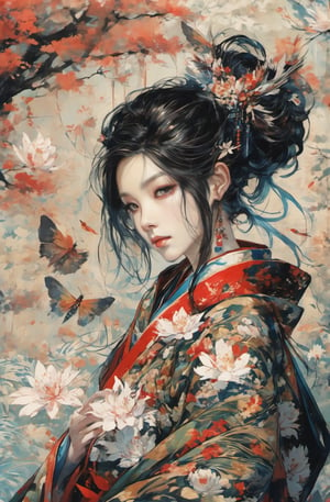 A stunning portrait of a young woman in traditional Japanese attire, surrounded by a serene and vibrant natural setting. She wears an exquisitely detailed kimono adorned with floral patterns in shades of red, gold, and green. Her dark hair is intricately styled and decorated with delicate hairpins featuring flowers and feathers, complementing her elegant look. The background showcases a harmonious blend of autumn leaves and blooming flowers, creating a magical atmosphere. Butterflies flutter around her, adding a touch of whimsy and enchantment to the scene. Her expression is serene, with a hint of melancholy in her eyes, evoking a sense of timeless beauty and grace, Movie Poster, oni style