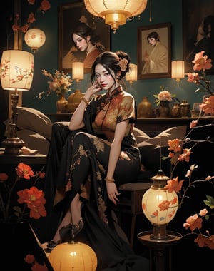 Create a highly detailed, realistic illustration of an elegant Asian woman seated in a richly decorated room. The room is illuminated by multiple ornate lanterns, casting a warm, golden glow. The woman is dressed in a traditional, elaborate floral-patterned modern cheongsam with intricate embroidery. Her hair is styled in an elaborate updo adorned with flowers and jewelry. She sits gracefully, her expression contemplative and serene. Surrounding her are various decorative elements, including vases with blooming flowers and traditional furniture, creating a luxurious and intimate atmosphere. The overall composition exudes sophistication, cultural richness, and a sense of timeless beauty, 8k, masterpiece, ultra-realistic, best quality, high resolution, high definition