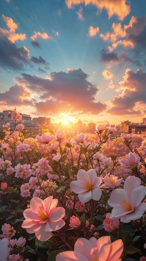 An enchanting urban garden bathed in the soft, golden light of a setting sun. The scene features a delightful array of delicate pink and yellow flowers, their petals glowing warmly in the evening light. The flowers are in full bloom, creating a vibrant and lively atmosphere against the backdrop of a charming city street. The buildings in the background are softly blurred, adding depth and focus to the floral foreground. The overall ambiance is one of serene beauty and tranquility, capturing the magical essence of nature thriving in an urban setting, 8K,highres,masterpiece), ultra-detailed, (photo-realistic, lifelike) photograph showcasing the sheer beauty of jasmine flowers in full bloom. Each delicate petal is captured in exquisite detail, creating a high-resolution masterpiece that celebrates the elegance of this fragrant flower.