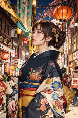 Create a highly detailed anime-style illustration of a young woman in a festive, bustling street filled with lanterns and banners. She has a delicate and serious expression, with her dark hair styled in an elaborate updo adorned with red and gold hair ornaments. She wears a traditional black and red kimono with intricate patterns of dragons and flowers, complemented by a large red obi. She is  wearing a mitt on her right hand . The mitt should be intricately designed with detailed patterns, blending elements of traditional Japanese art and modern abstract motifs. Use a color palette that includes dark, muted tones with subtle highlights to emphasize the texture and detail of the mitt. The background shows a vibrant street festival with blurred figures and warm, glowing lights creating a lively and enchanting atmosphere.,J ONI,ELIGHT